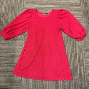 Bright Red Girls Knit Dress with Puff Sleeves Pockets